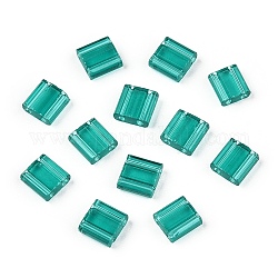 2 trous perles de rocaille de verre, couleurs transparentes, rectangle, vert de mer clair, 5x4.5~5.5x2~2.5mm, Trou: 0.5~0.8mm