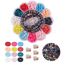 2400Pcs Single Colors Handmade Polymer Clay Beads, Heishi Beads, with 2 Strands Colorful Polymer Clay Beads and 5Pcs Heart Brass Beads, Mixed Color, 8x1mm, Hole: 2mm, 200pcs/color