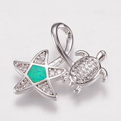 Brass Pendants, with Synthetic Opal, Tortoise with Star, Platinum, Turquoise, 16.5x19x6mm, Hole: 3x5mm