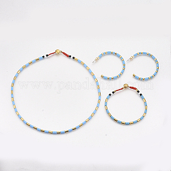 Conjuntos de jeweley de aleación pintada con aerosol, con collares de cuentas, cuentas pulseras y aretes, dorado, luz azul cielo, 16.53 pulgada (42 cm), 7-1/2 pulgadas (19 cm), 47.5~49x47~47.5 mm, pasador: 0.7 mm.