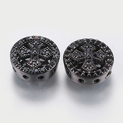 Pendentifs avec zircon cubiques à micro-pavés en laiton, liens multi-brins, plat et circulaire avec croix, noir, gunmetal, 11x4mm, Trou: 0.8mm