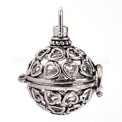 Rack Plating Brass Cage Pendants, For Chime Ball Pendant Necklaces Making, Hollow Round with Heart, Antique Silver, 30x29x24mm, Hole: 5x6mm, inner measure: 19mm