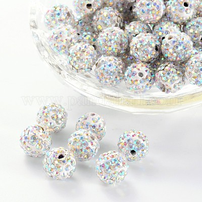 Pave Disco Ball Beads, Polymer Clay Rhinestone Beads, Round, Crystal,  PP13(1.9~2mm), 6 Rows Rhinestone, 10mm, Hole: 1.5mm