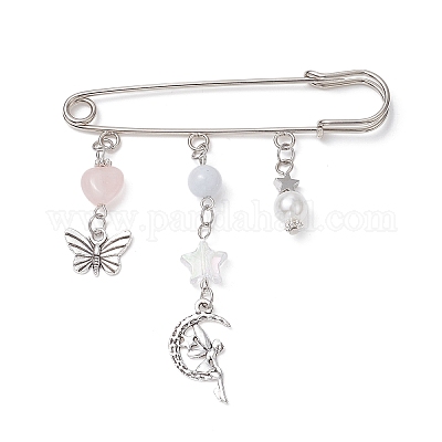 Wholesale Natural Mixed Gemstone & Butterfly Charms Safety Pin