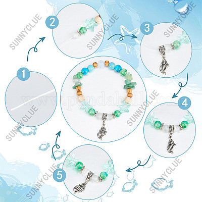 SUNNYCLUE 1 Box 6 Set Ocean Bracelet Making Kit Summer Hawaii Bracelets  Ankles Sea Animal Beads Blue Glass Beads Sea Shells for Jewelry Making Kits