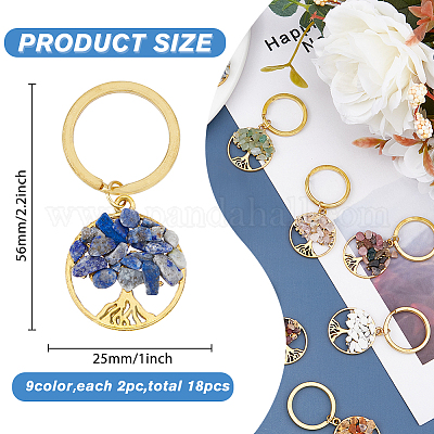 Wholesale Gemstone Chip Tree of Life Pendant Keychain with Tibetan Style  Alloy Charm and Brass Keychain Clasps 