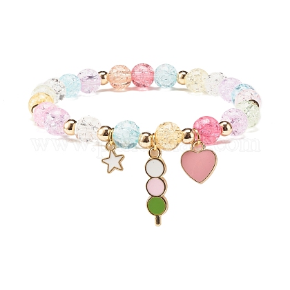 Bracelet extensible en perles rondes couleur bonbon avec breloque coeur  cerise pour femme en gros pour création de bijoux 