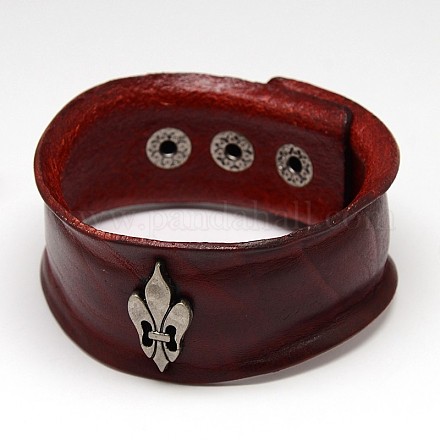 Trendy Unisex Casual Style Alloy Fleur De Lis Studded Leather Cord Wide Wristband Bracelets X-BJEW-L285-04-1