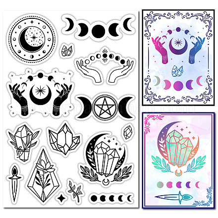 CRASPIRE Moon Phase Crystal Rubber Stamp Magic Hands Star Vintage Clear Transparent Silicone Seals Stamp for Journaling Card Making DIY Scrapbooking Handmade Photo Album Notebook Decor Halloween DIY-WH0439-0089-1