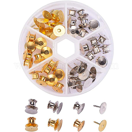 BENECREAT 60PCS Pins Locking Backs with Tie Tacks Blank Pins Locking Clasp Pin Keepers Backs Replacement with Storage Case for DIY Jewelry Making-Golden & Platinum KK-BC0001-01-1