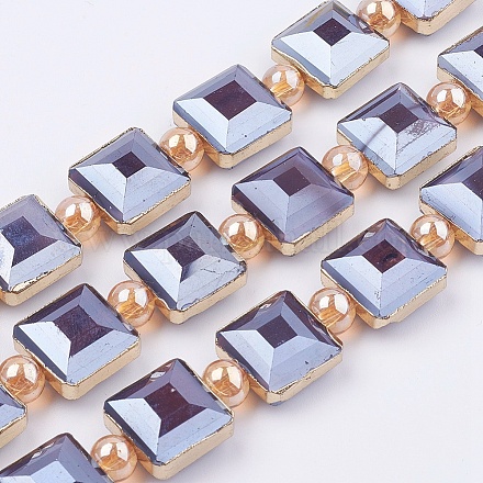 オペークガラスビーズ連売り  真鍮パーツ  パール光沢メッキ  多面カット  正方形  ゴールドカラー  ダークスレートブルー  13x13x8mm  穴：1mm  約10個/連  7.2インチ（18.3cm） EGLA-K013-PL-02F-1