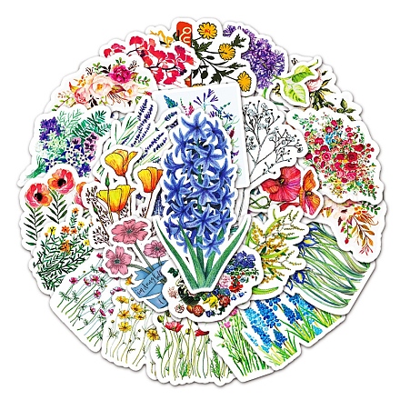 50 pièces styles mélangés motif de fleurs autocollants en plastique pvc imperméables STIC-PW0001-367-1