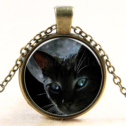 子猫がテーマのガラスペンダントネックレス  猫模様を持つフラットラウンド  合金チェーンを有する  アンティークブロンズ  18インチ NJEW-N0051-015Z-01-1