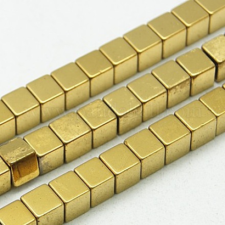 非磁性合成ヘマタイトビーズ連売り  キューブ  黄金メッキ  4x4x4mm  穴：1mm  約99個/連  15.7インチ X-G-K018-4mm-01-1