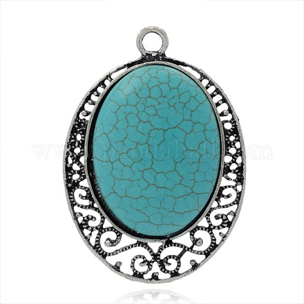 Antique Silver Tone Alloy Dyed Synthetic Turquoise Big Pendants PALLOY-J364-04AS-1