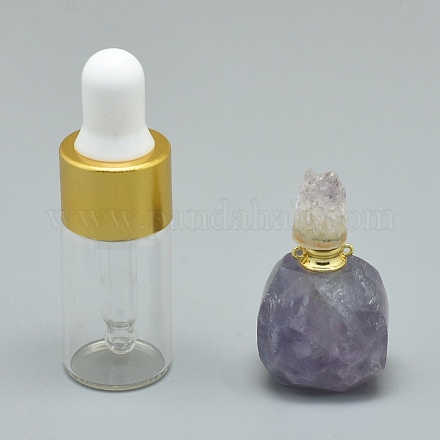 天然蛍石開閉式香水瓶ペンダント  真鍮のパーツとガラスのエッセンシャルオイルのボトル  30~36x18~20x9.5~16mm  穴：0.8mm  ガラス瓶容量：3ml（0.101液量オンス）  宝石の容量：1ml（0.03液量オンス） G-E556-01I-1