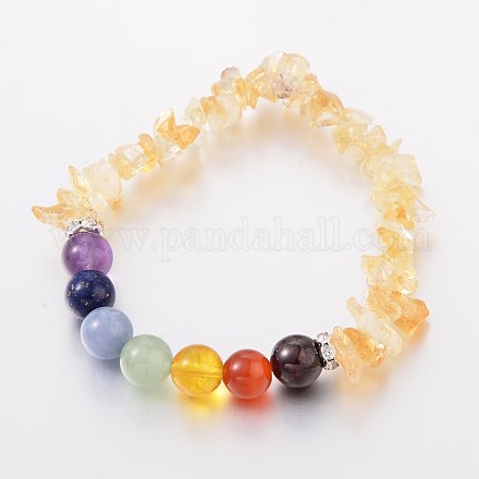 Natural Citrine(Dyed & Heated) Chips and Round Chakra Natural Gemstone Beaded Stretch Bracelets BJEW-JB01990-04-1