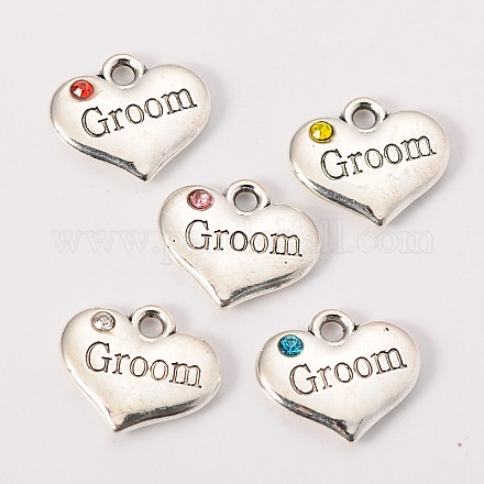 Wedding Theme Antique Silver Tone Tibetan Style Alloy Heart with Groom Rhinestone Charms X-TIBEP-N005-20-1