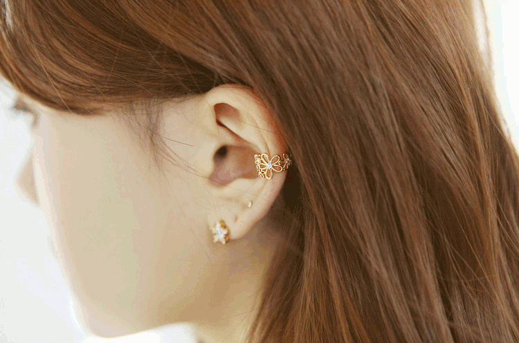 Alloy Cuff Earrings, Flower, with Rhinestone, Light Gold, 13mm