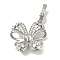 Brass Micro Pave Clear Cubic Zirconia European Dangle Charms Bails, Peg Bails, for Half Drilled Beads, Butterfly Charm, Platinum, Tray: 5mm, 32x20.5x6mm, Hole: 4.5x5.5mm, Pin: 0.7mm
