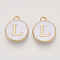 Golden Plated Alloy Charms, Cadmium Free & Lead Free, with Enamel, Enamelled Sequins, Flat Round with Letter, White, Letter.L, 14x12x2mm, Hole: 1.5mm
