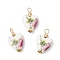 Handmade Printed Porcelain Pendants, Heart, with Brass and Tibetan Style Alloy, Antique Golden, 23x14.5x6.5mm, Hole: 2.5mm