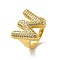 Letter Brass Micro Pave Clear Cubic Zirconia Open Cuff Ring for Women, Real 18K Gold Plated, Letter W, 19.5x22.5mm, US Size 6(16.5mm)