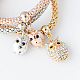 Three-colour Owl Alloy Rhinestone Popcorn Chain Stretch Bracelets BJEW-N0001-052-6