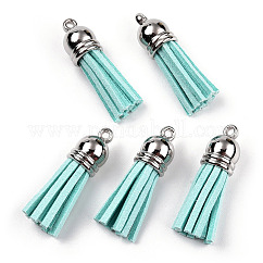 Décorations de pendentif pompon en daim, avec embouts de cordon en plastique ccb, platine, turquoise, 35~37x10mm, Trou: 1.8mm