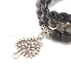 Braccialetti elasticizzati con perline di roccia lavica e larvikite naturale in stile 3 pezzi con albero della vita in lega&nbsp;BJEW-JB07887