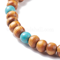 Bracelet extensible en bois naturel et turquoise synthétique (teint)&nbsp;BJEW-JB08146
