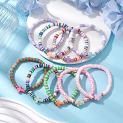 9 set di braccialetti elastici con perline incrociate in argilla polimerica e acrilico per le donne&nbsp;BJEW-JB101001