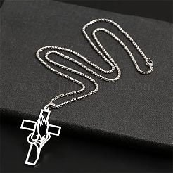 Halsketten mit Anhänger aus Edelstahl mit hohlem Kreuz und betender Hand für Männer&nbsp;FS-WG70CE0-01