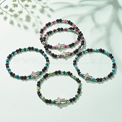 Bracciale elasticizzato con perline in pietre preziose naturali e sintetiche con croce in zirconi chiari da donna&nbsp;BJEW-JB08247