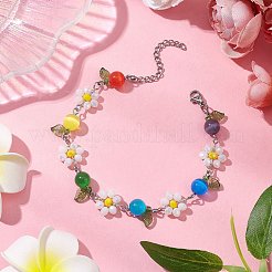 Bracelets en verre et œil de chat avec fleur et feuille pour femmes&nbsp;BJEW-TA00541