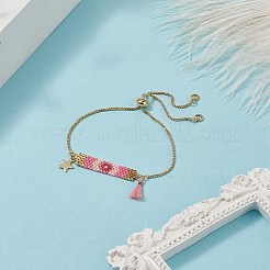 Rectángulo de semillas japonesas hechas a mano y pulsera deslizante con dijes de estrellas y borlas&nbsp;BJEW-MZ00013-02