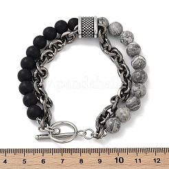 Pulseras de cuentas negras esmeriladas y piedra Picasso redonda natural&nbsp;BJEW-M081-01A