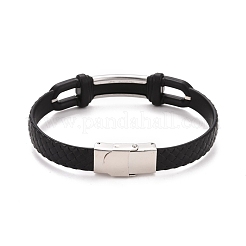 Bracciale a maglie rettangolari in acciaio inossidabile 201 con cordino in pelle PU per uomo e donna&nbsp;BJEW-G649-07P-02