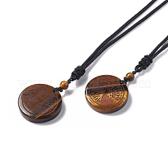 Gemma naturale rotonda piatta con collana pendente albero della vita con cordino in nylon da donna&nbsp;NJEW-P274-03