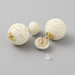 Ohrstecker mit runden Kugeln aus Bastgras&nbsp;EJEW-WH0009-71A