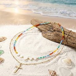 Sommerlicher Strand Regenbogen Naturstein- und Muschelherz-Doppellagen-Perlenkette mit Edelstahl-Kreuzanhänger&nbsp;EX6128-1