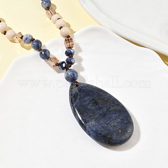 Colliers longs en perles de verre avec pendentif en forme de larme en sodalite naturelle&nbsp;GG-CBAE048-01B