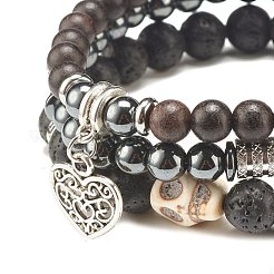 3 ensemble de bracelets extensibles en pierre de lave naturelle et perles de bois&nbsp;BJEW-JB07827