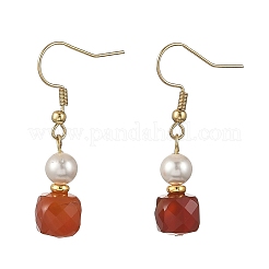 Pendientes colgantes cúbicos de cornalina natural con perlas redondas de concha.&nbsp;EJEW-JE07522