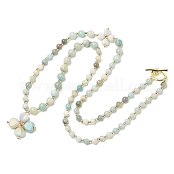 Collier rond à perles avec pendentif trèfle en amazonite naturelle et fermoirs en forme de cœur pour la Saint-Patrick&nbsp;NJEW-G202-02G-03