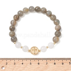 Pulseras elásticas redondas de cuentas naturales de labradorita y jade blanco&nbsp;BJEW-JB13674
