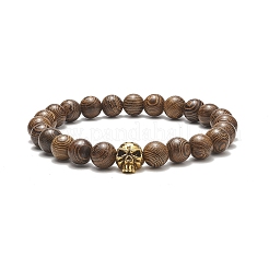 Stretcharmband mit Totenkopfperlen aus natürlichem Wengeholz und Legierung für Damen&nbsp;BJEW-JB09146