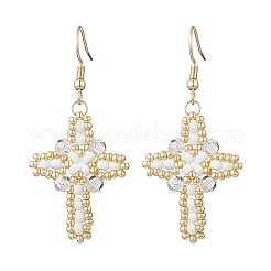 Boucles d'oreilles pendantes en forme de croix en acier inoxydable 304 avec graines de verre&nbsp;EJEW-MZ00506-01