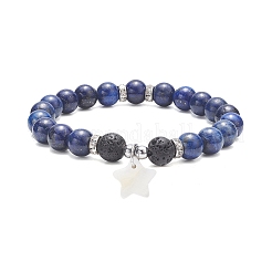 Pietra lavica naturale e ematite sintetica e braccialetti elasticizzati con perline di pietre preziose miste con ciondoli a forma di stella di conchiglia&nbsp;BJEW-JB09402