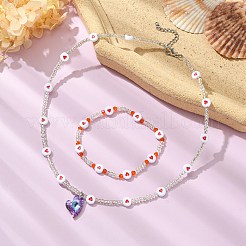 Bracelet extensible en perles de coeur en acrylique et en verre et collier pendentif&nbsp;SJEW-JS01282